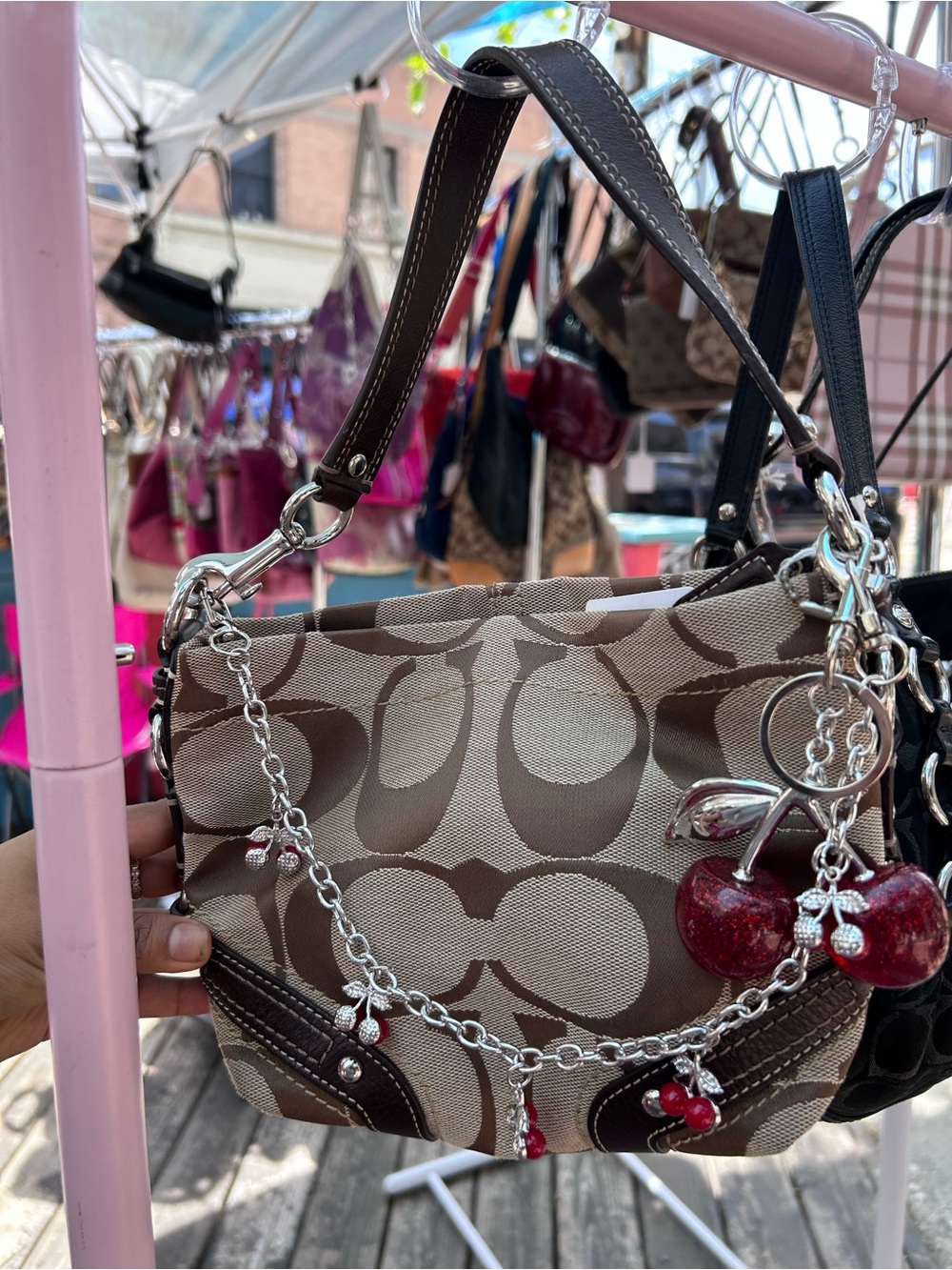Coach Brown and Red Signature Canvas Shoulder Bag with Cherry Charm